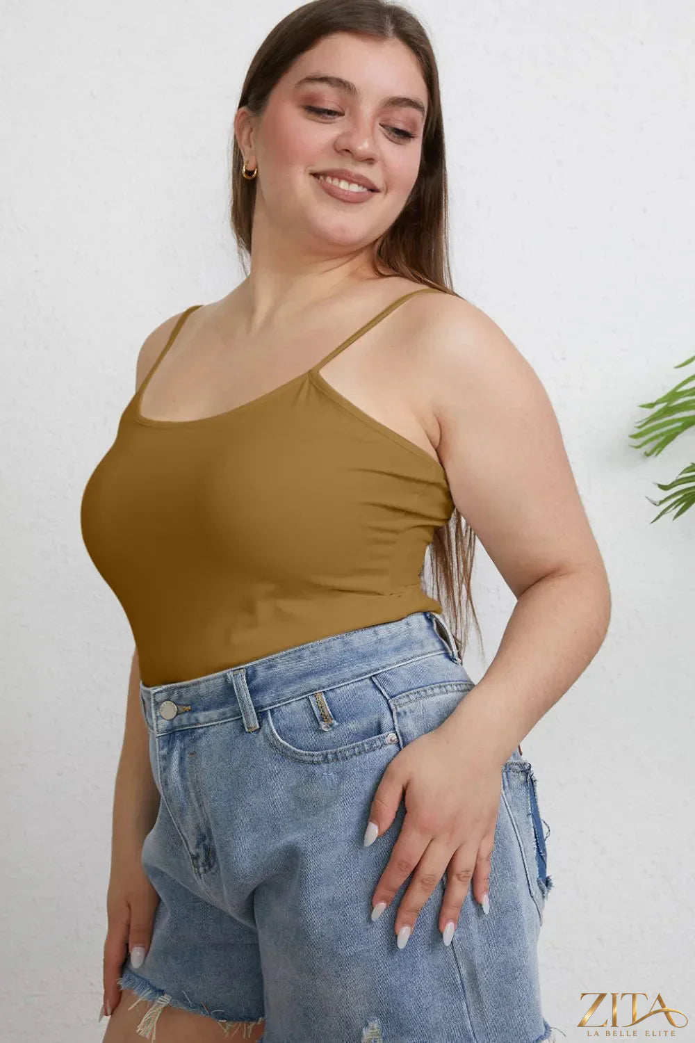 Zita La Belle Elite Basic Bae full-size round neck slim cami in plus size, soft fabric, white color, close-up of the sleeveless top