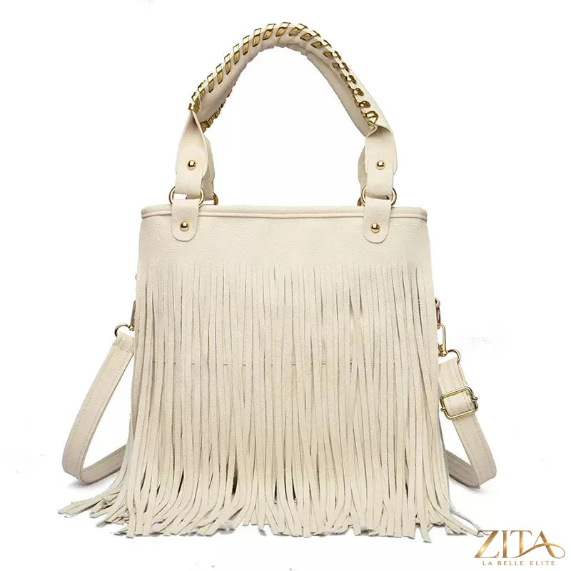 Zita La Belle Elite fringe PU leather handbag with tassel details and gold-tone hardware, stylish accessory for casual or evening wear.