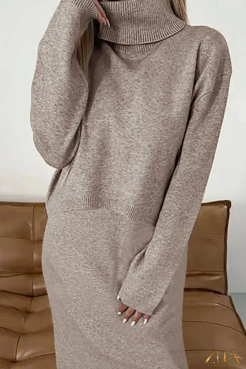 Zita La Belle Elite two-piece turtleneck sweater and dress set with dropped shoulder design on a neutral background.