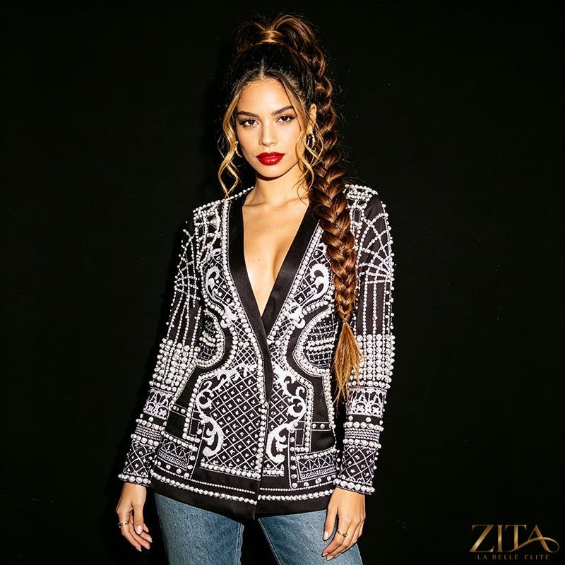 Zita La Belle Elite pearl-bead printed petite women's blazer showcasing a tailored fit with elegant pearl bead accents.