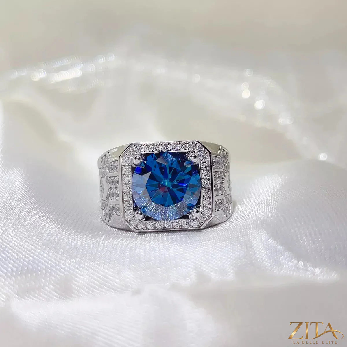 Sterling silver moissanite ring with a 5-carat gemstone, showcasing a sparkling and elegant jewelry design.