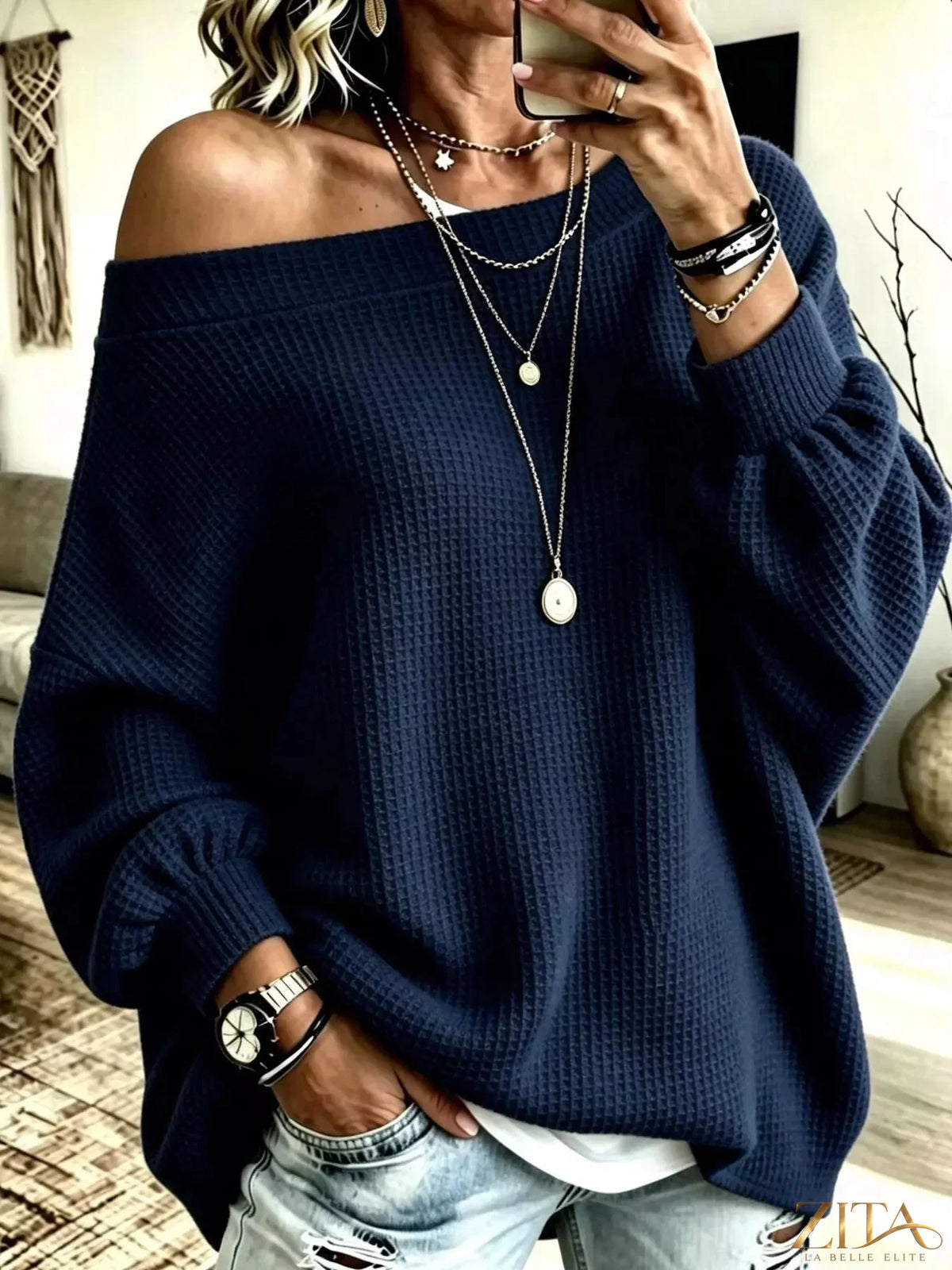 Plus size Zita La Belle Elite waffle knit boat neck sweatshirt with full size fit, featuring a cozy, textured waffle pattern.