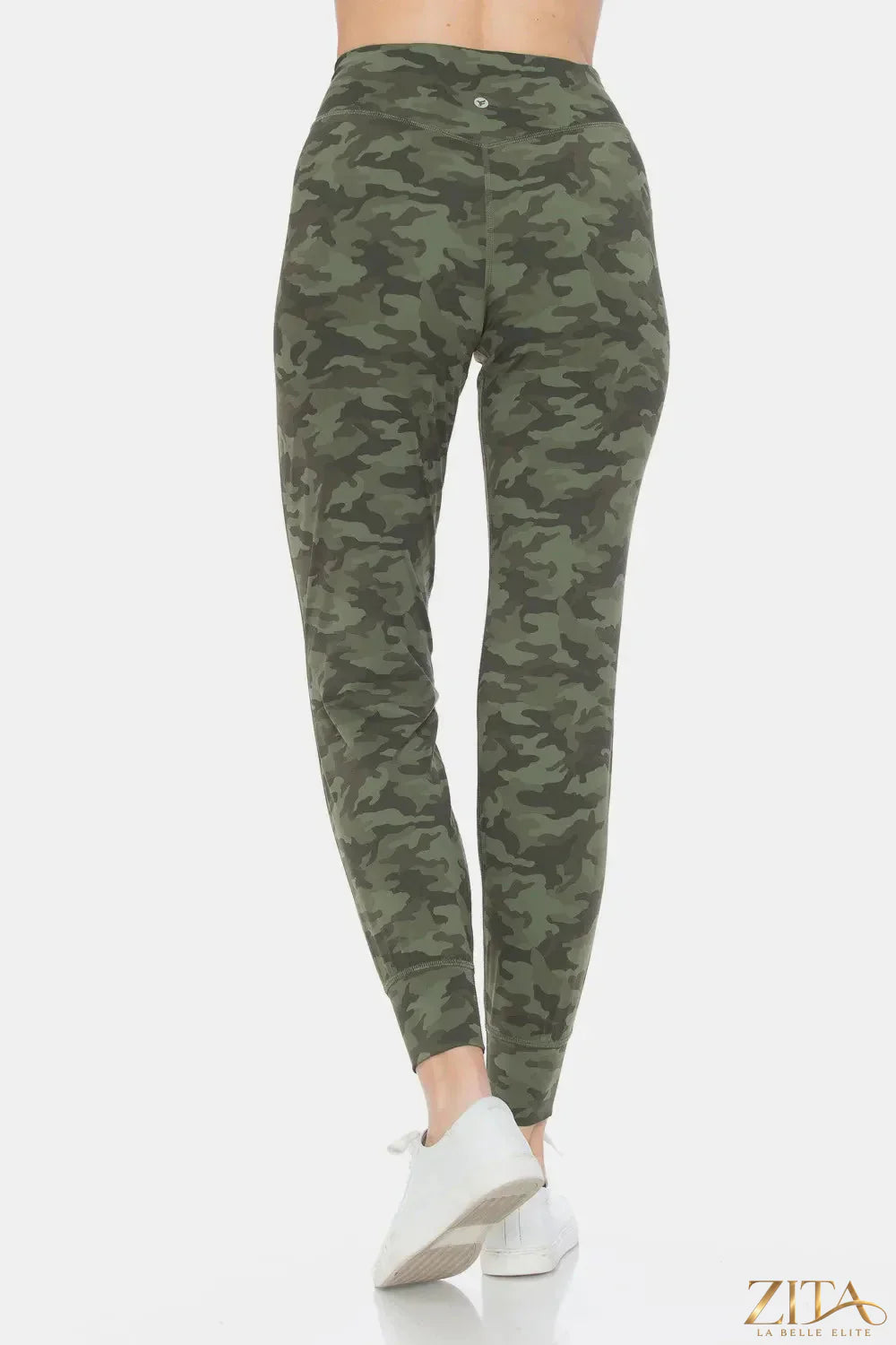 Camouflage high waist leggings by Trendsi from Leggings Depot, showing the fitted, high-rise design with a green and brown camouflage pattern.