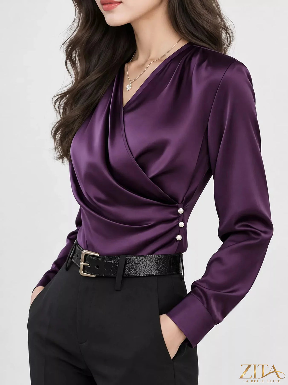 Zita La Belle Elite satin surplice long sleeve blouse with V-neck and elegant draping, shown in soft satin fabric.