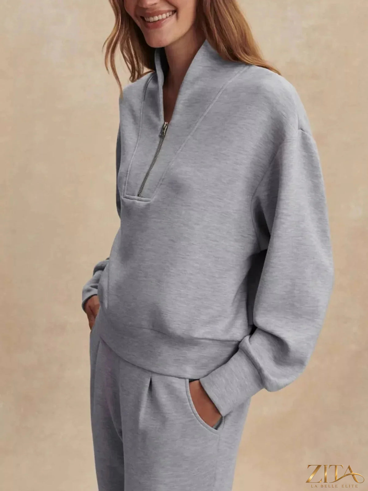 Zita La Belle Elite quarter-zip sweatshirt and wide-leg pants set in soft fabric, shown in a relaxed fit on a model.