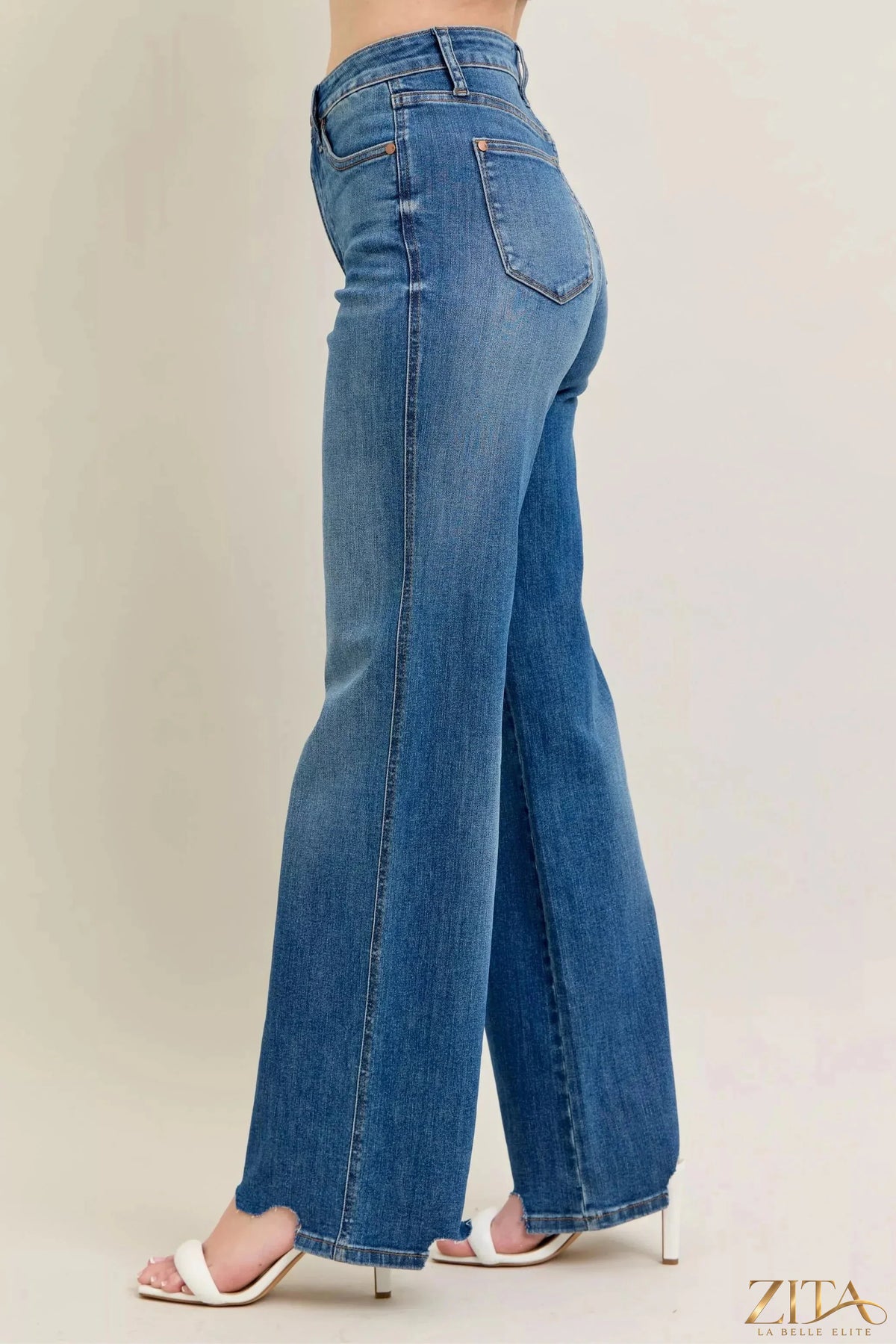 Zita La Belle Elite Judy Blue distressed wide jeans with tummy control, featuring a high waist and ripped details.