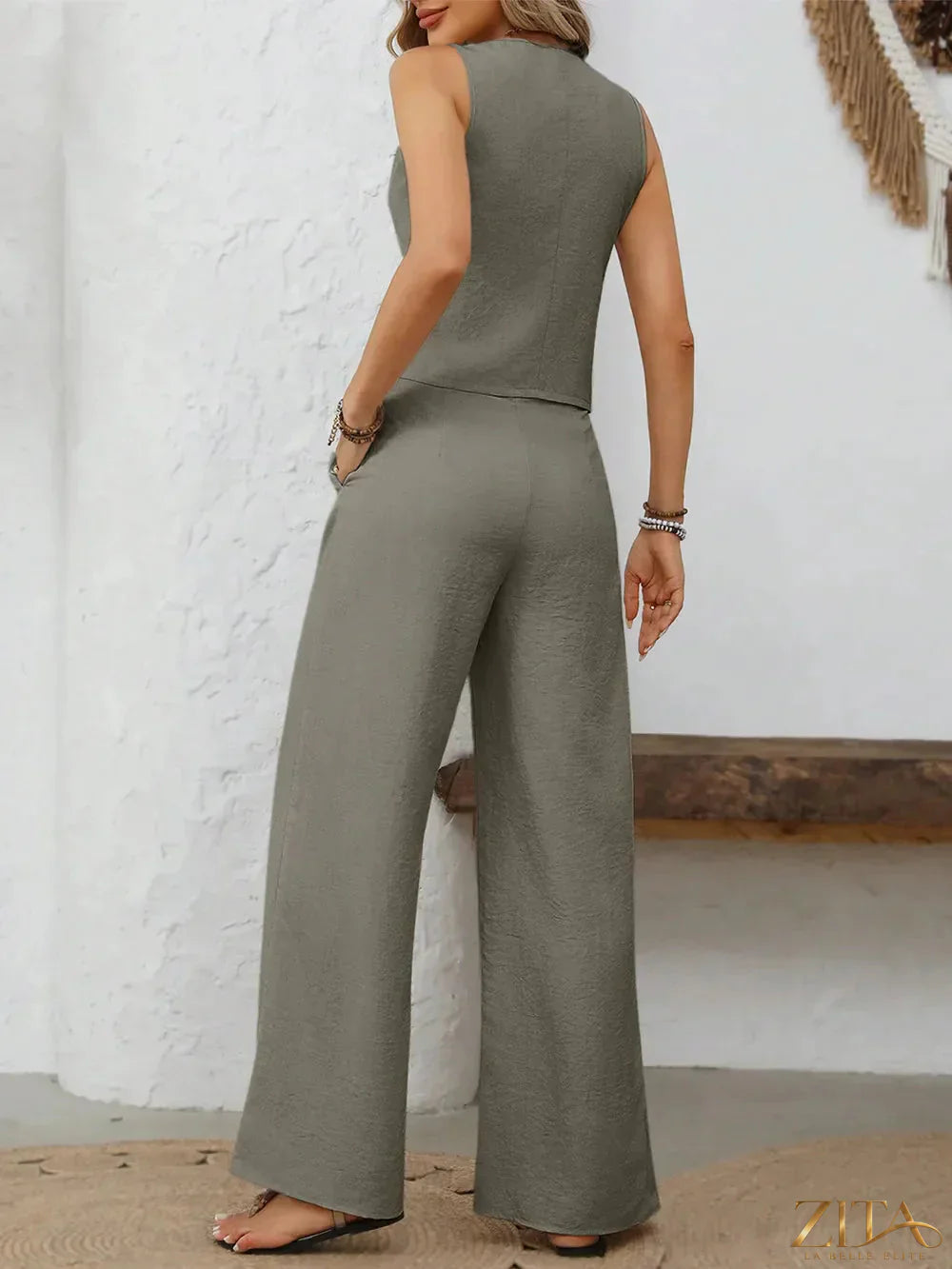 Zita La Belle Elite V-neck button-down vest and wide-leg pants set, stylish and comfortable women's fashion ensemble.