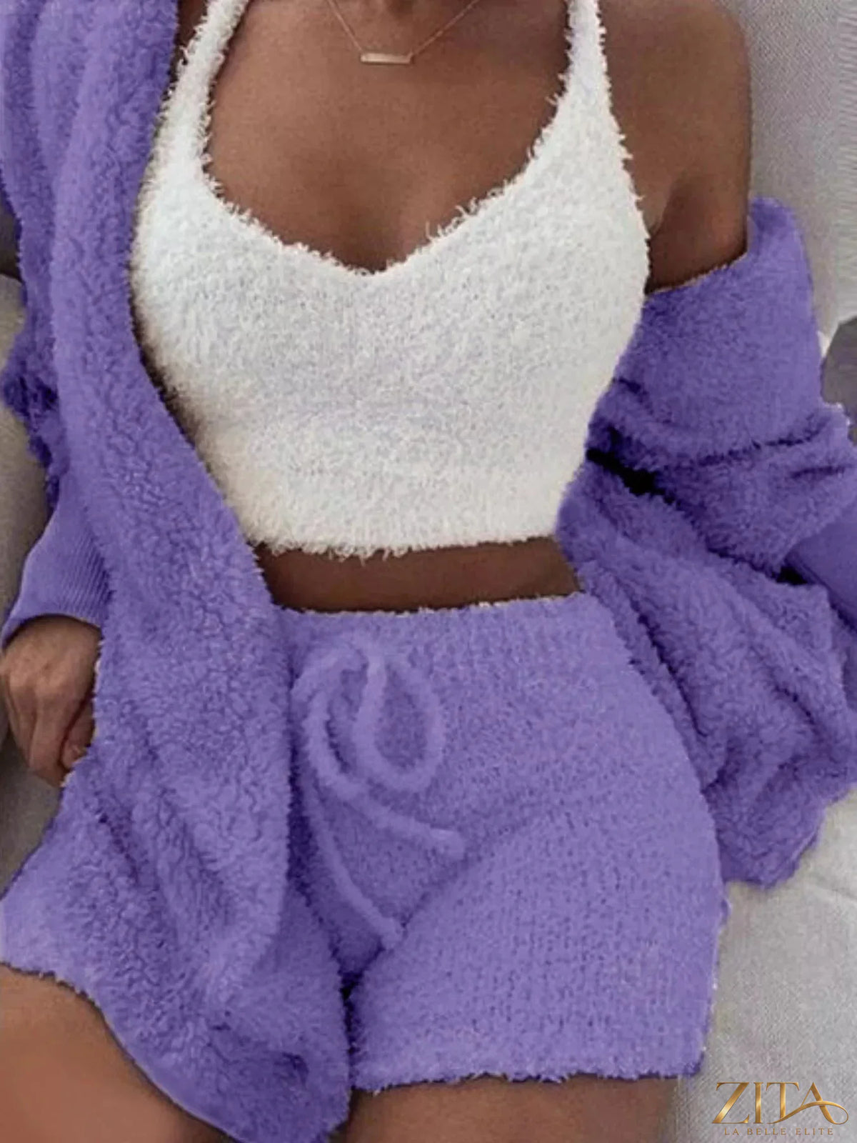 Plus size Zita La Belle Elite fuzzy plush cardigan lounge set with three pieces, featuring soft, cozy fabric and relaxed fit.