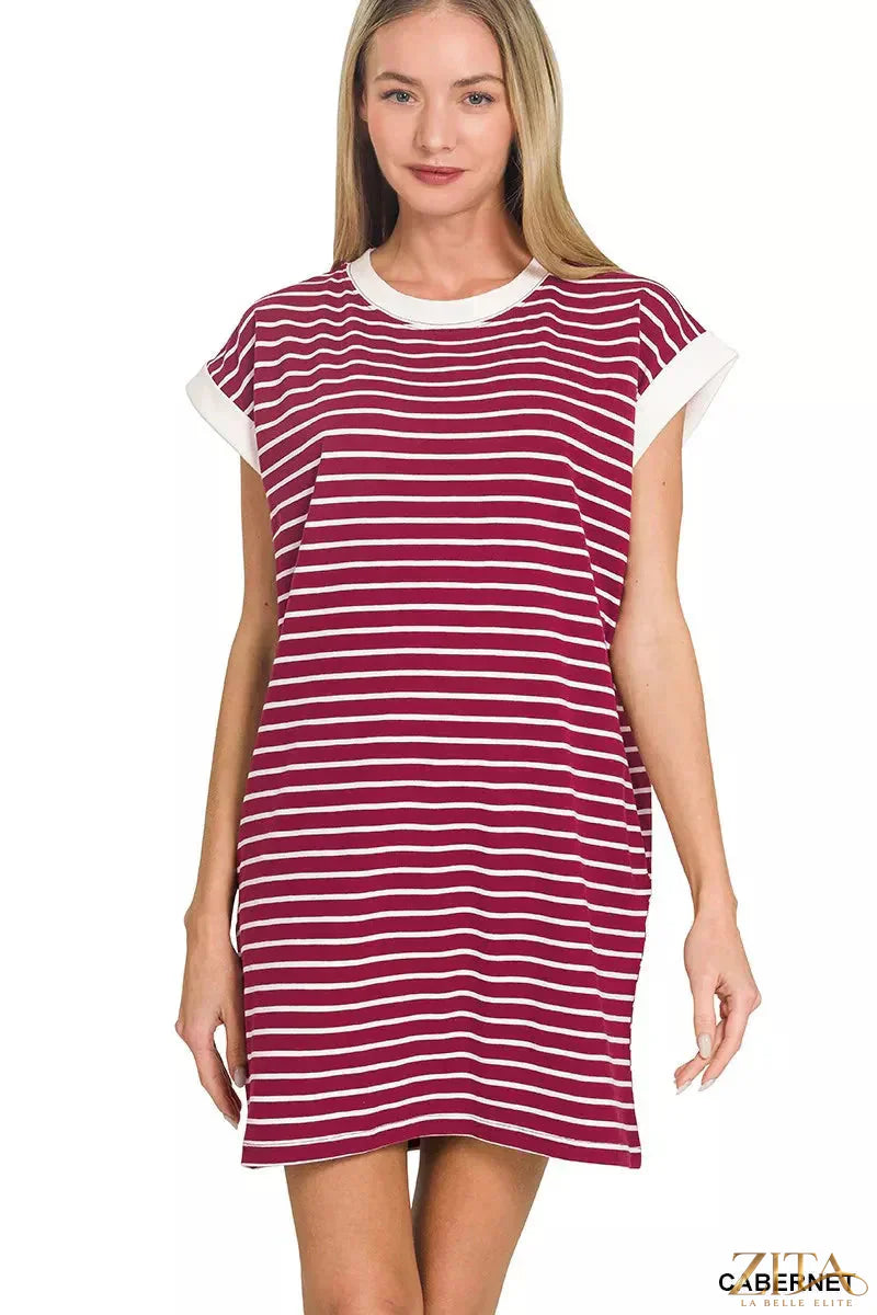 Zenana contrast trim striped T-shirt dress by Zita La Belle Elite, featuring a casual fit, bold stripes, and stylish trim details.