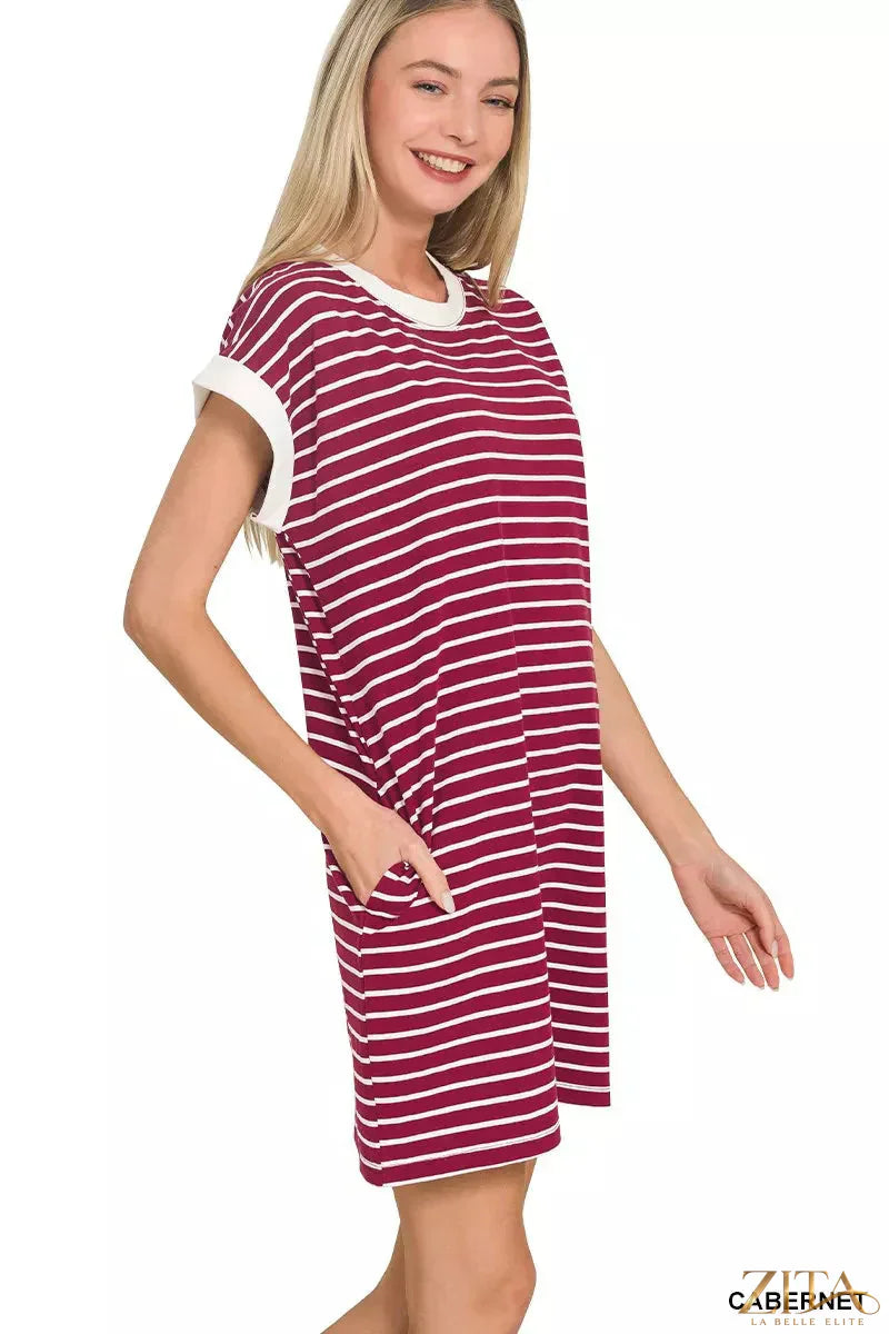 Zita La Belle Elite Zenana contrast trim striped T-shirt dress with short sleeves and casual fit, featuring bold horizontal stripes.