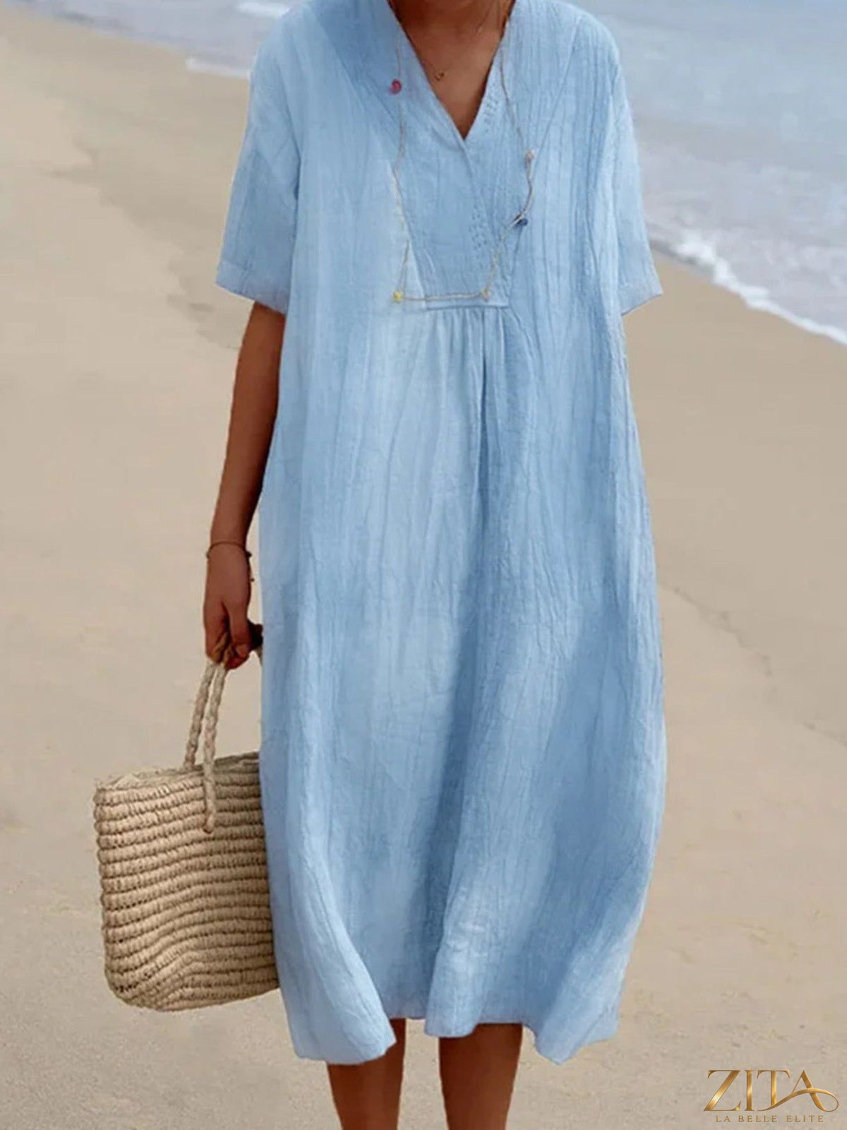 Zita La Belle Elite casual loose short sleeve midi dress in soft fabric, styled for a relaxed, comfortable look.