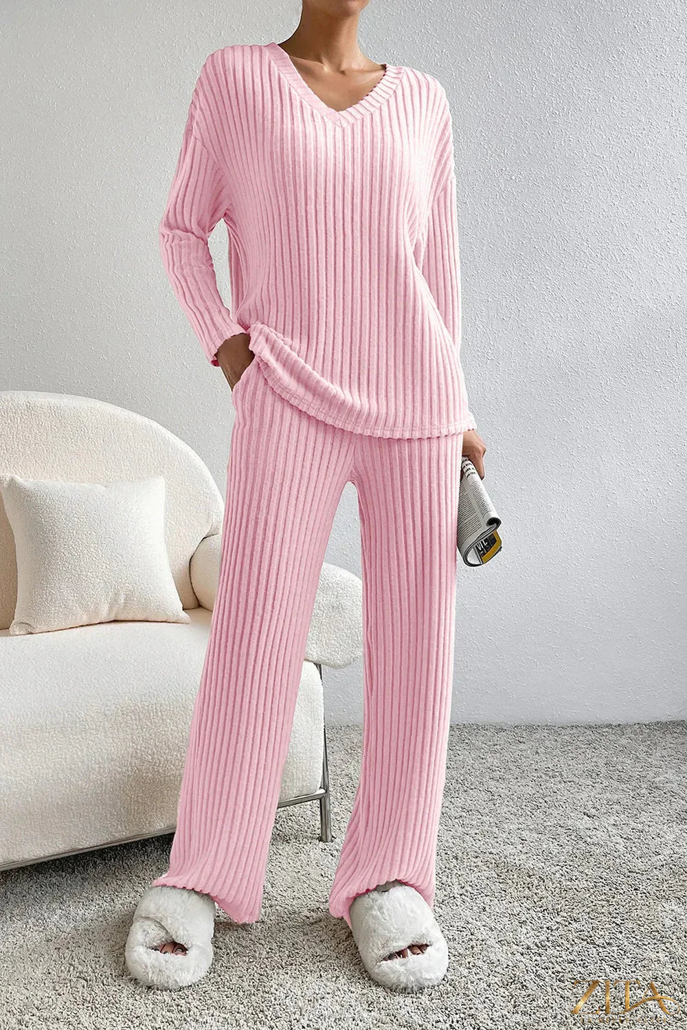 Zita La Belle Elite ribbed V-neck top and matching pants lounge set, soft textured fabric, stylish and comfortable sleepwear ensemble.