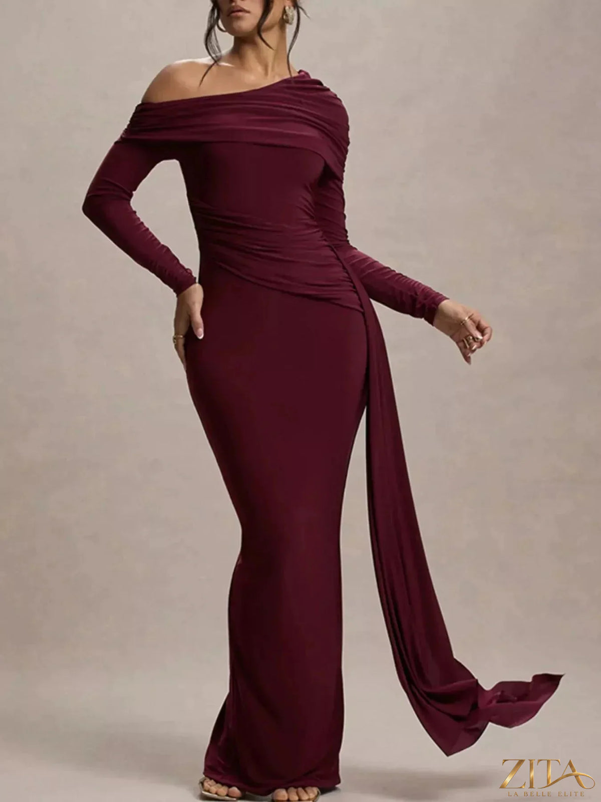 Zita La Belle Elite one-shoulder ruched maxi dress in elegant fabric, featuring a fitted silhouette and flowing hem.