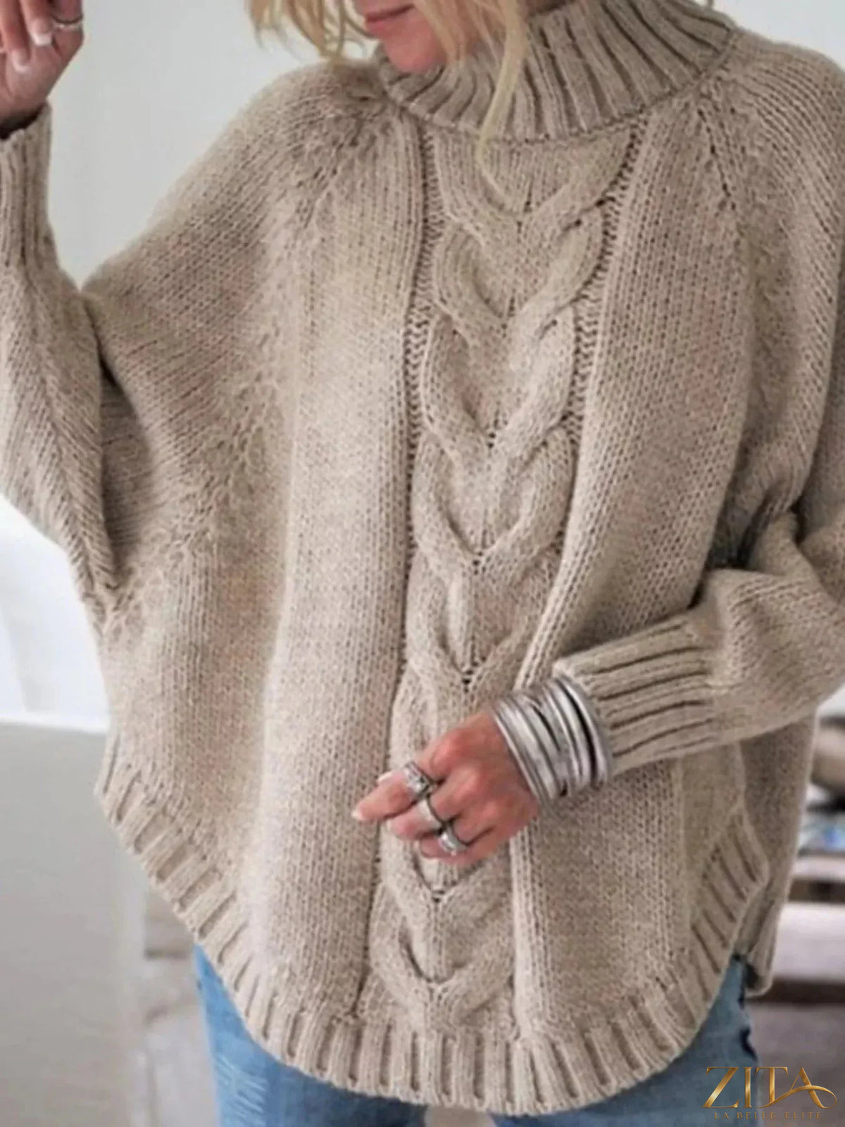 Zita La Belle Elite cable-knit long sleeve sweater in a cozy, textured knit with a classic crew neckline.