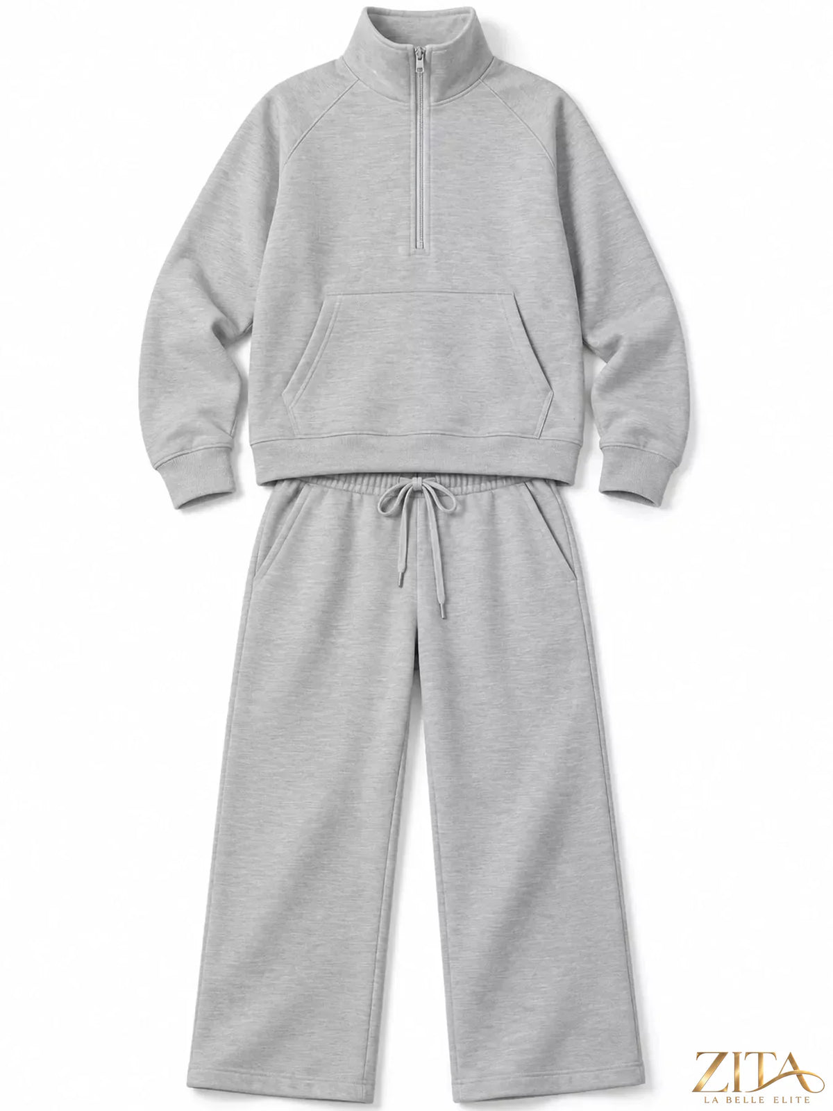 Zita La Belle Elite half-zip sweatshirt and wide-leg pants set in soft fabric, displayed on a model with neutral background.