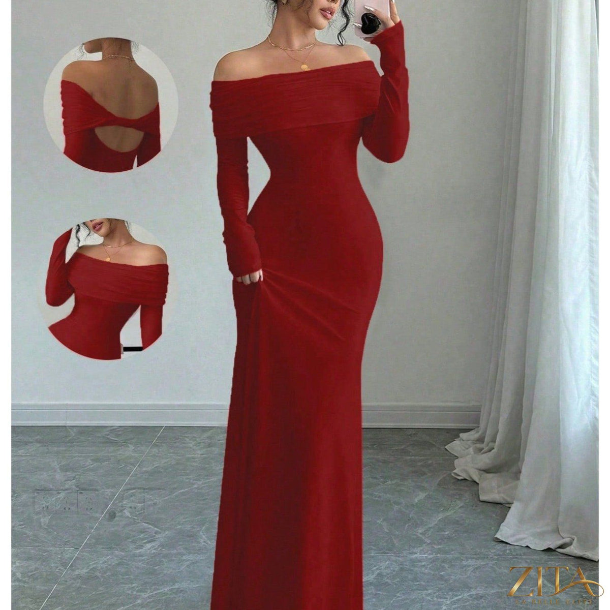 Elegant off-shoulder midi evening gown by Zita La Belle Elite, featuring a flowing silhouette and sophisticated design.