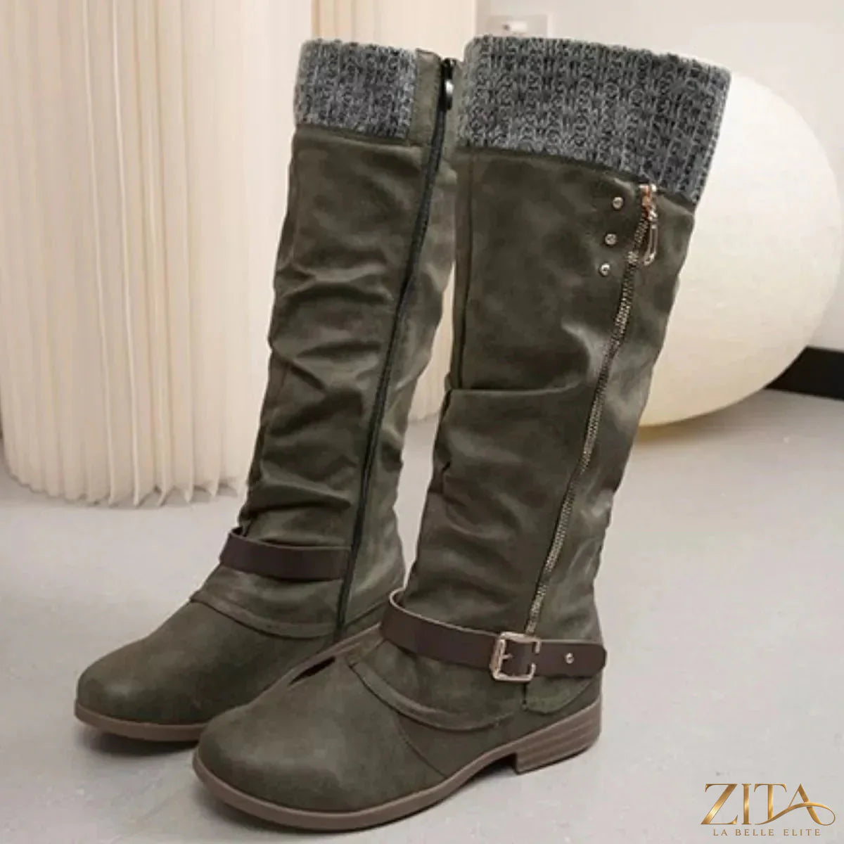 Zita La Belle Elite knee high slouch boots with knit cuff, stylish leather boots featuring a relaxed slouch design and cozy knit detail