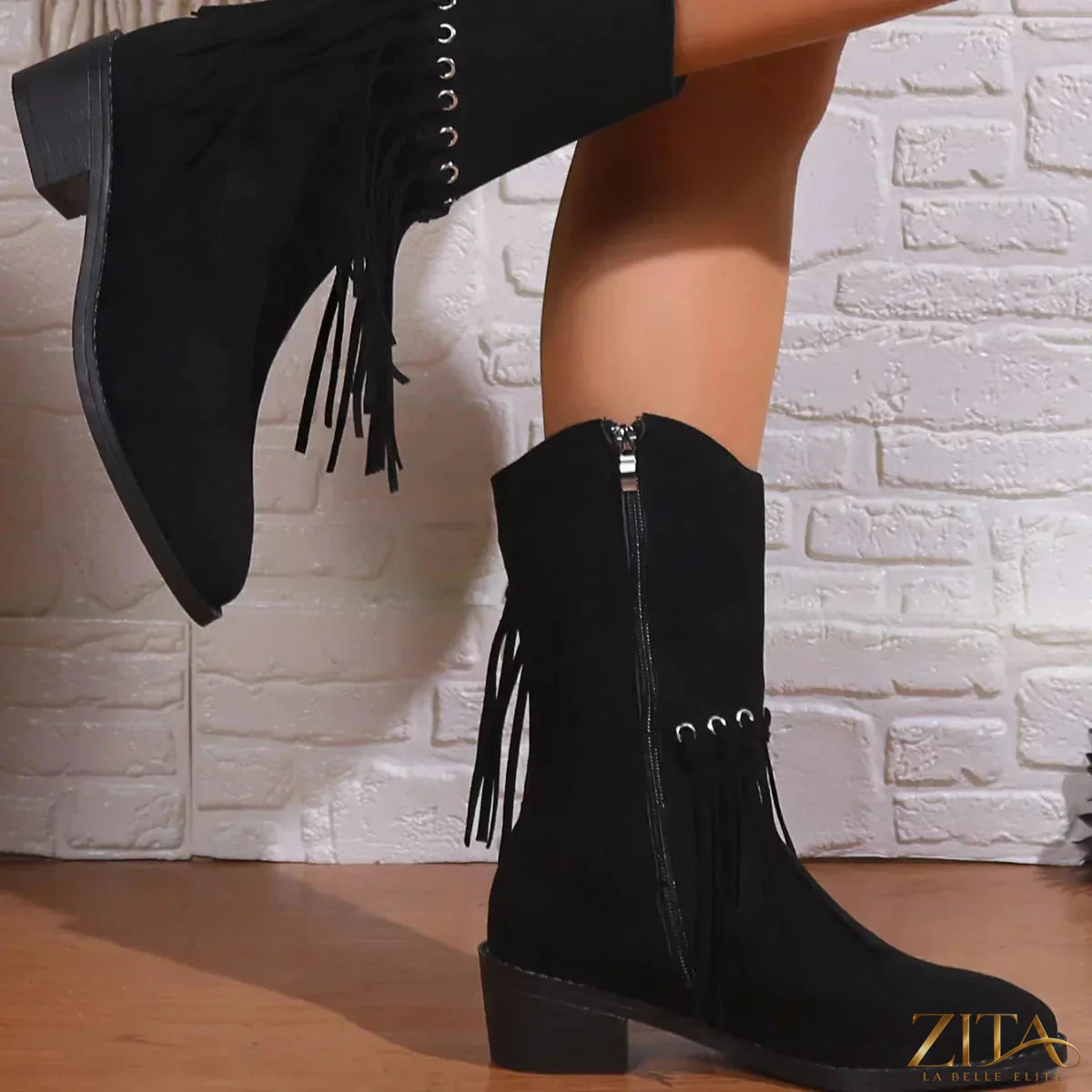 Zita La Belle Elite fringe Western block heel boots with leather and decorative fringe detailing, stylish cowboy-inspired footwear.