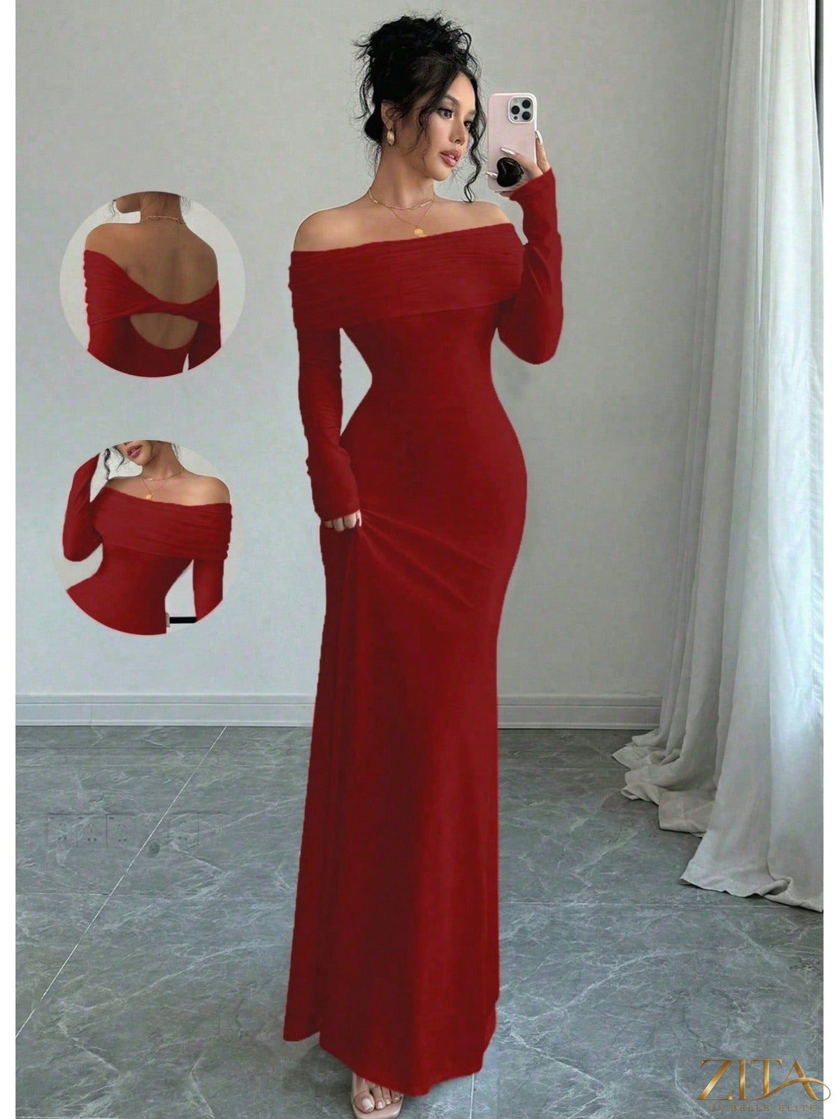Elegant off-shoulder midi evening gown by Zita La Belle Elite, featuring flowing fabric and sophisticated design for formal occasions.