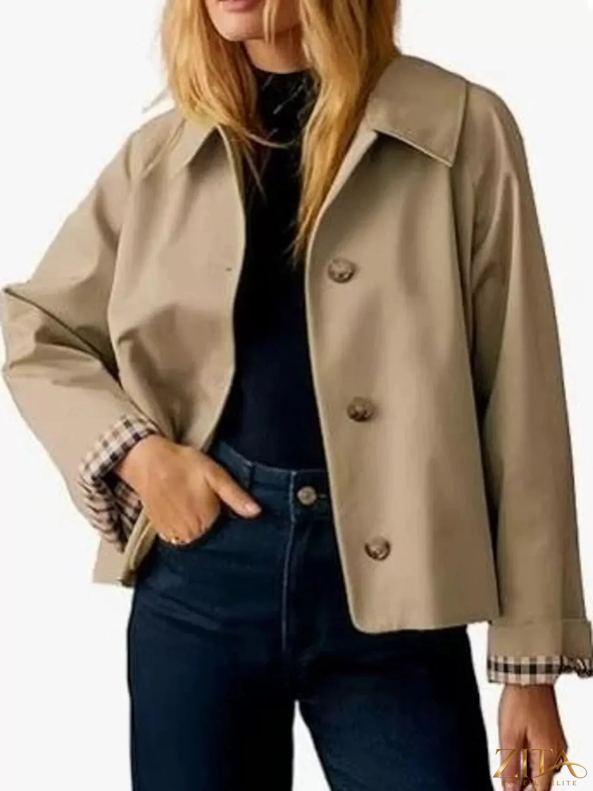 Zita La Belle Elite plaid cuffs cropped trench coat featuring a stylish plaid pattern and tailored outerwear design.