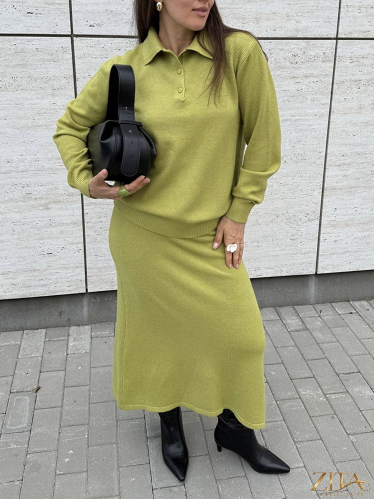 Zita La Belle Elite knit set featuring a polo collar top with matching pants or skirt, in a stylish, coordinated design.