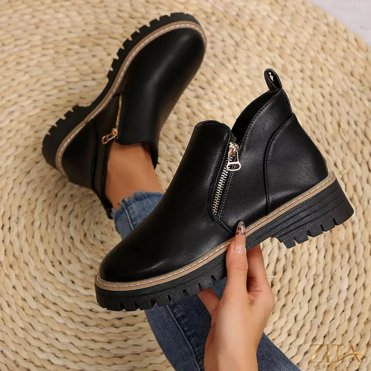 Zita La Belle Elite ankle boots with zipper detail, featuring stylish leather design and sturdy heel for casual or dressy wear.