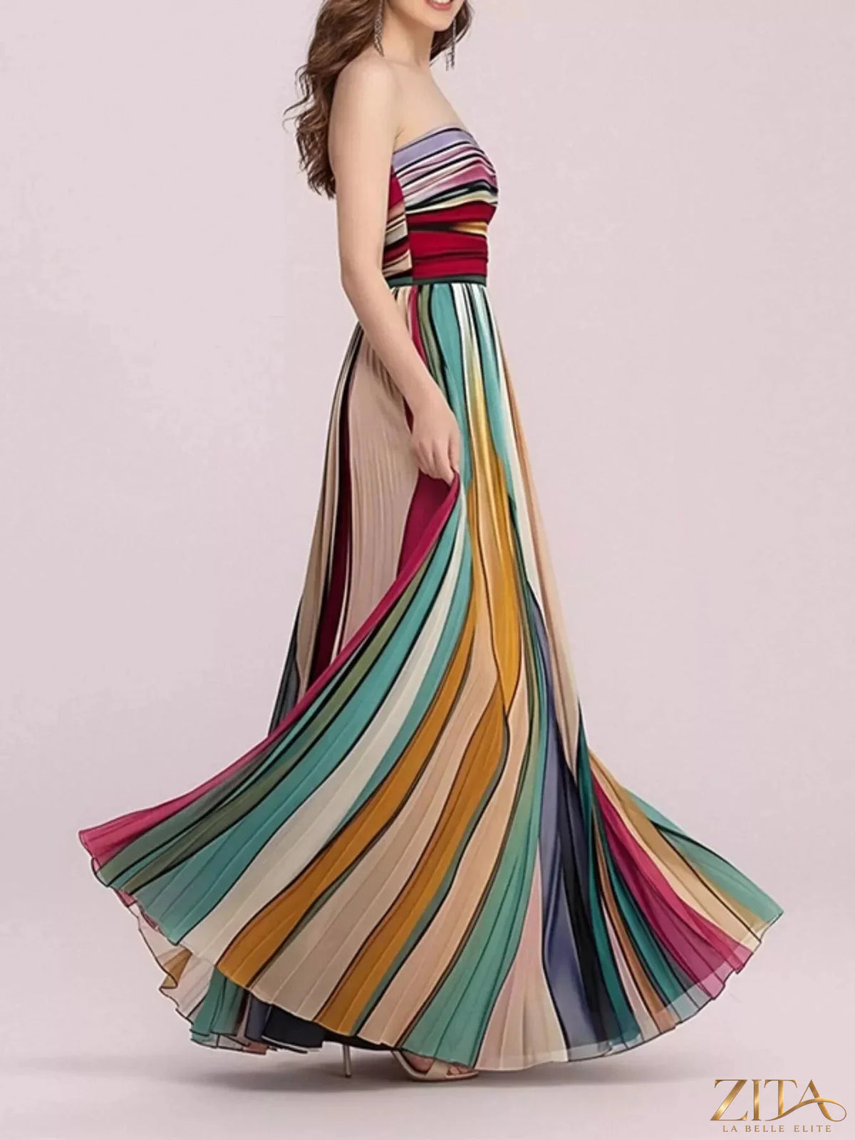 Zita La Belle Elite striped pleated tube maxi dress with a flowing, elegant design and bold vertical stripes.