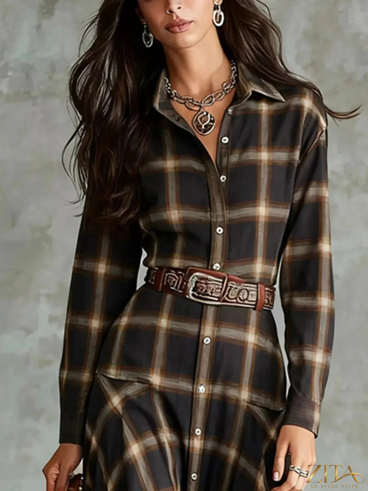 Zita La Belle Elite plaid button-down shirt dress with long sleeves and collar, featuring a classic checkered pattern.