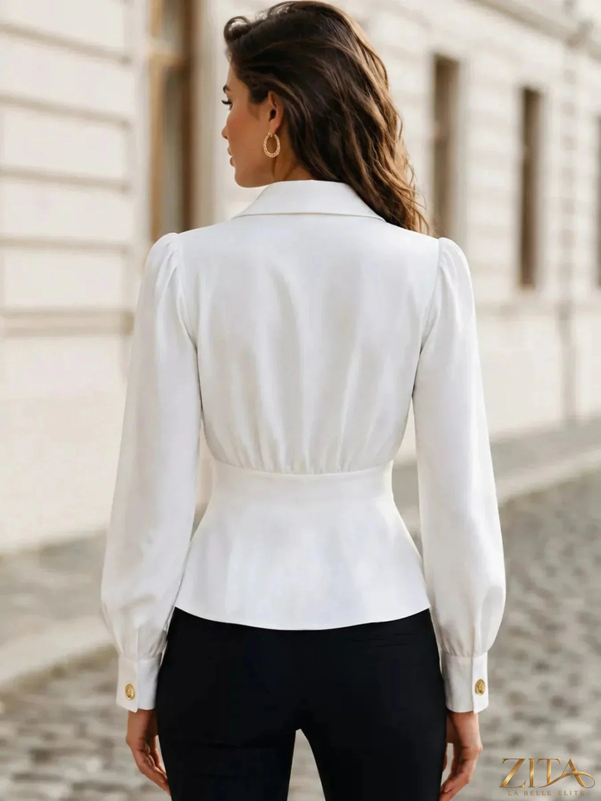Zita La Belle Elite double-breasted peplum blouse with gold buttons, featuring a tailored fit and stylish design.