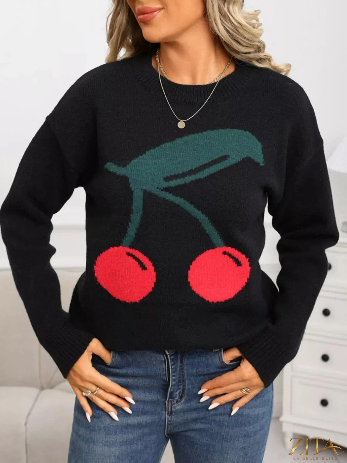 Cherry-colored Trendsi round neck sweater with long sleeves and a cozy, knit design, perfect for casual wear.