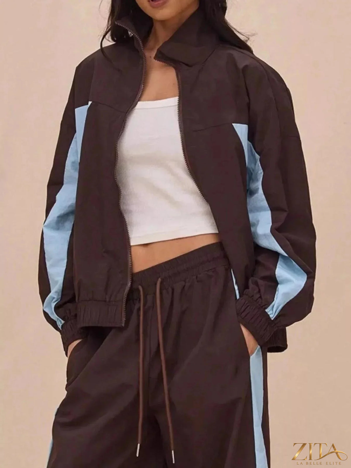 Zita La Belle Elite color-block tracksuit and wide-leg pants set in vibrant shades, featuring a stylish athletic and casual look.