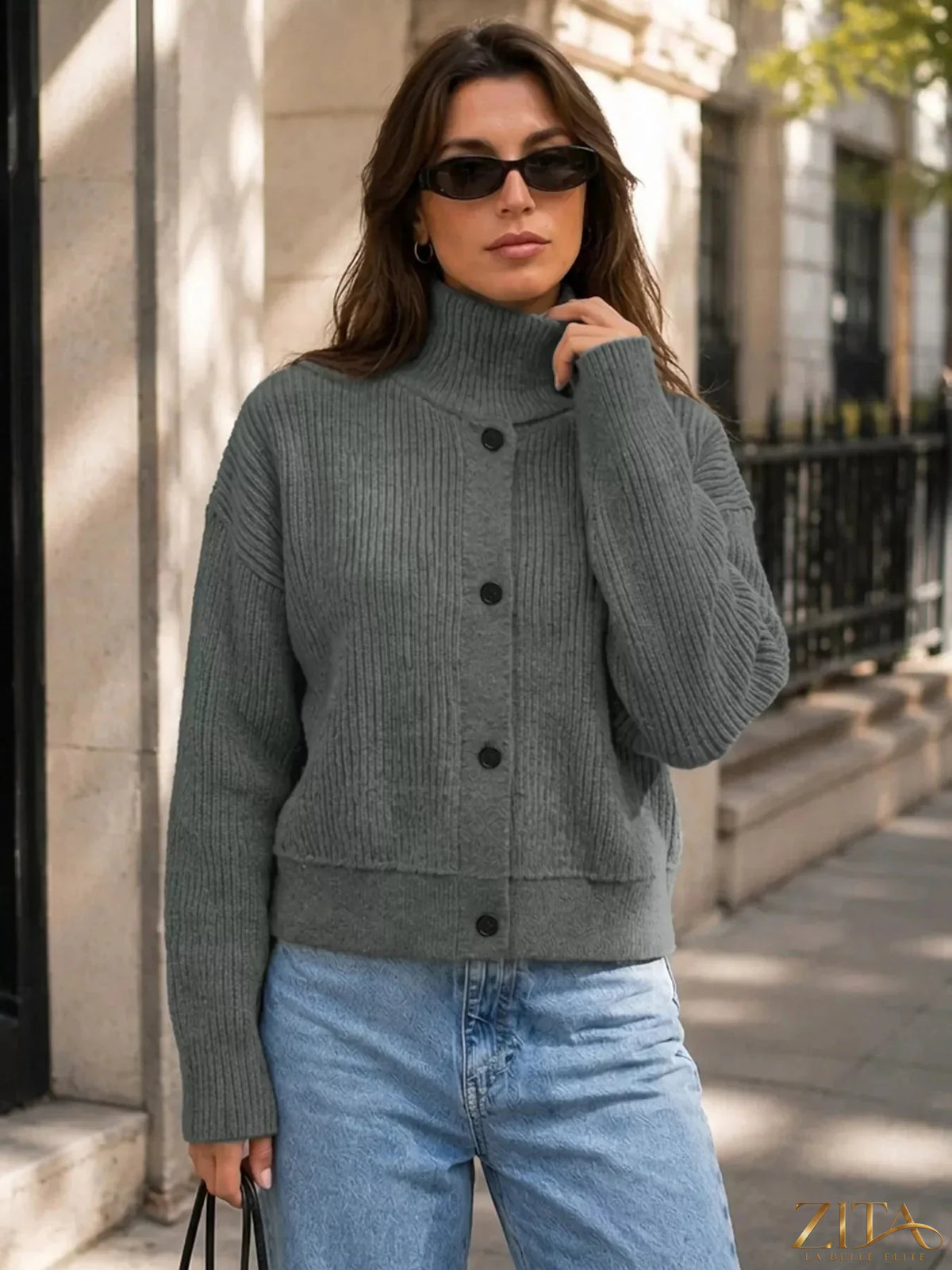 Zita La Belle Elite turtleneck button-down cardigan in soft knit, featuring a classic design with buttons down the front.