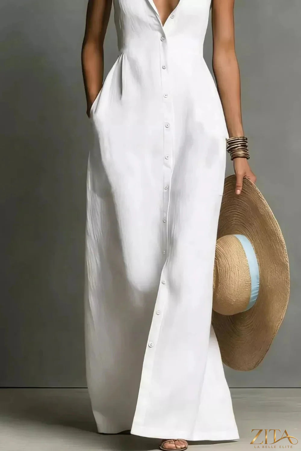 Zita La Belle Elite sleeveless button-down maxi dress with a flowy silhouette and lightweight fabric, perfect for casual or summer wear.