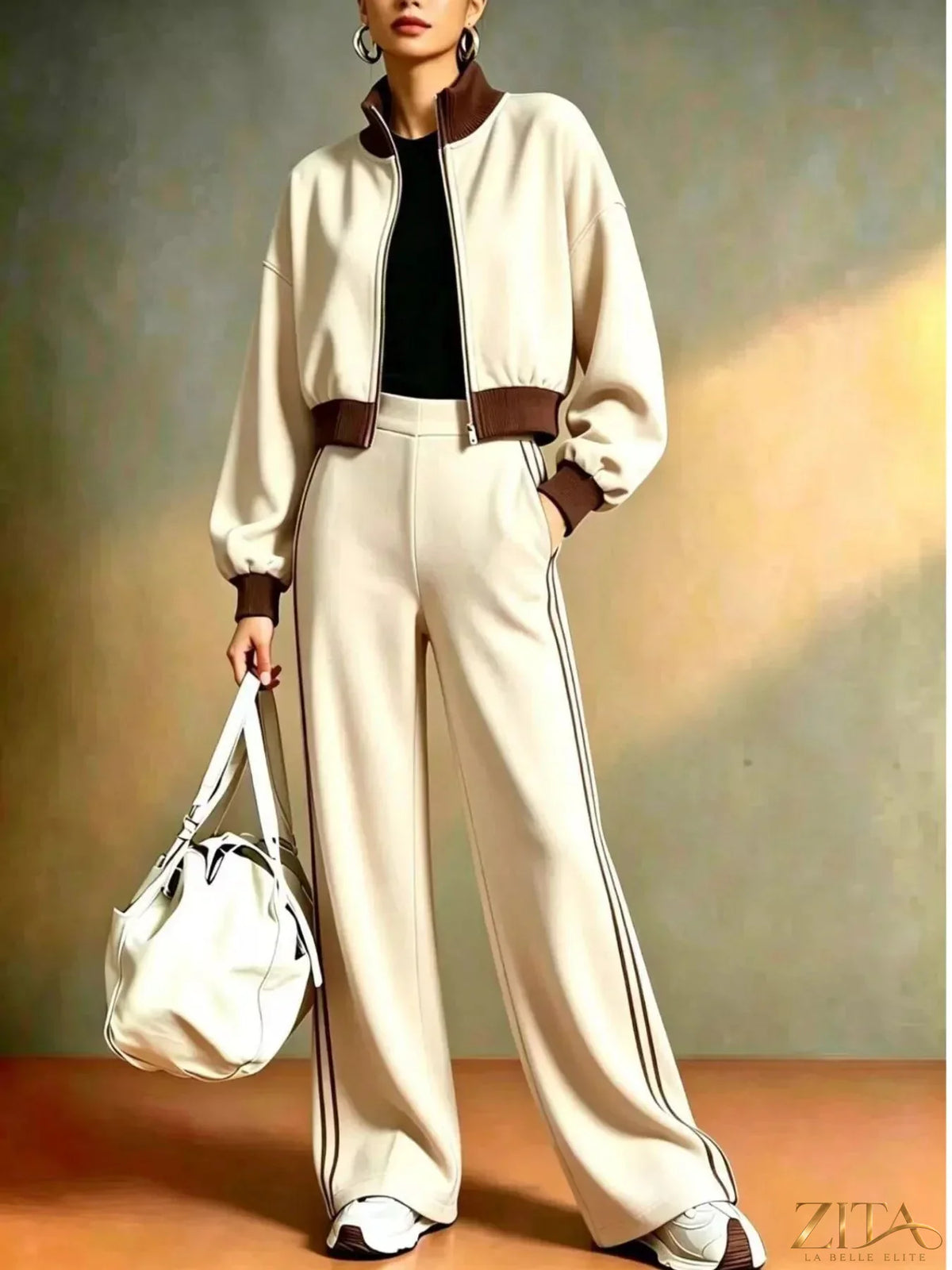 Contrast ribbed jacket and wide-leg pants tracksuit set by Zita La Belle Elite, featuring a stylish coordinated activewear look.