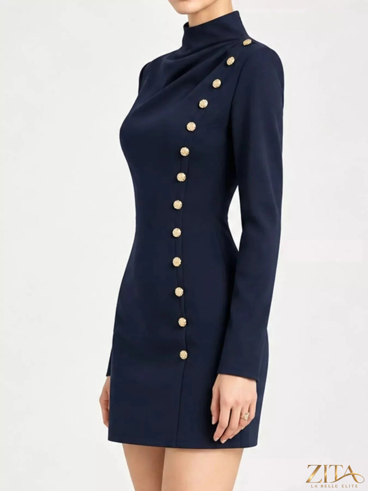Plus size Zita La Belle Elite mini dress with decorative buttons, mock neck, and stylish design, shown in full size.