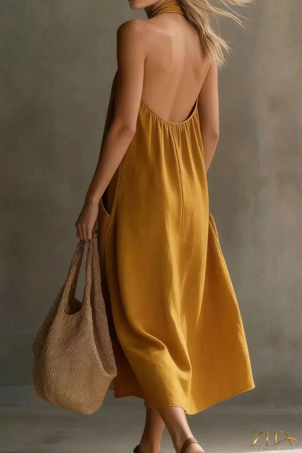 Zita La Belle Elite casual halter neck midi dress with side pockets, lightweight fabric, and stylish design perfect for summer wear.