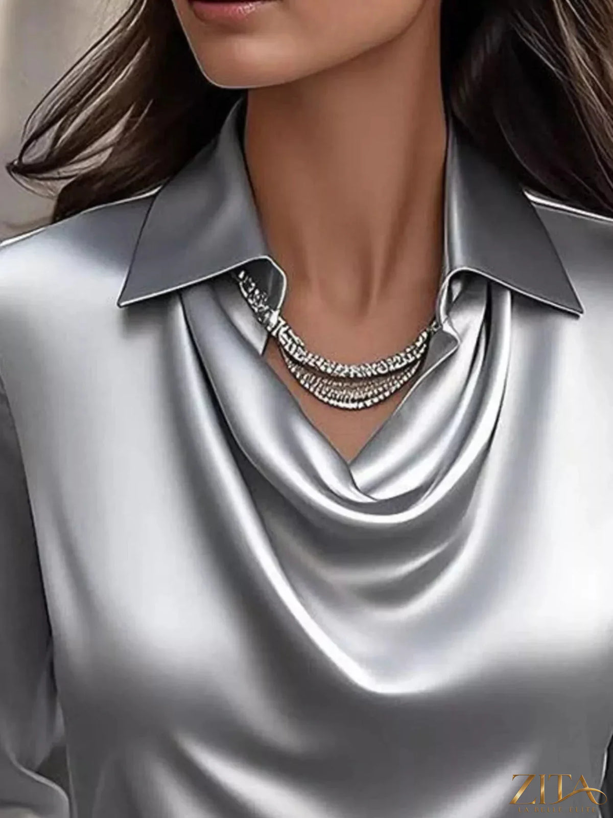 Plus size satin cowl neck long sleeve blouse by Zita La Belle Elite, featuring a sleek, elegant design with a smooth satin finish.