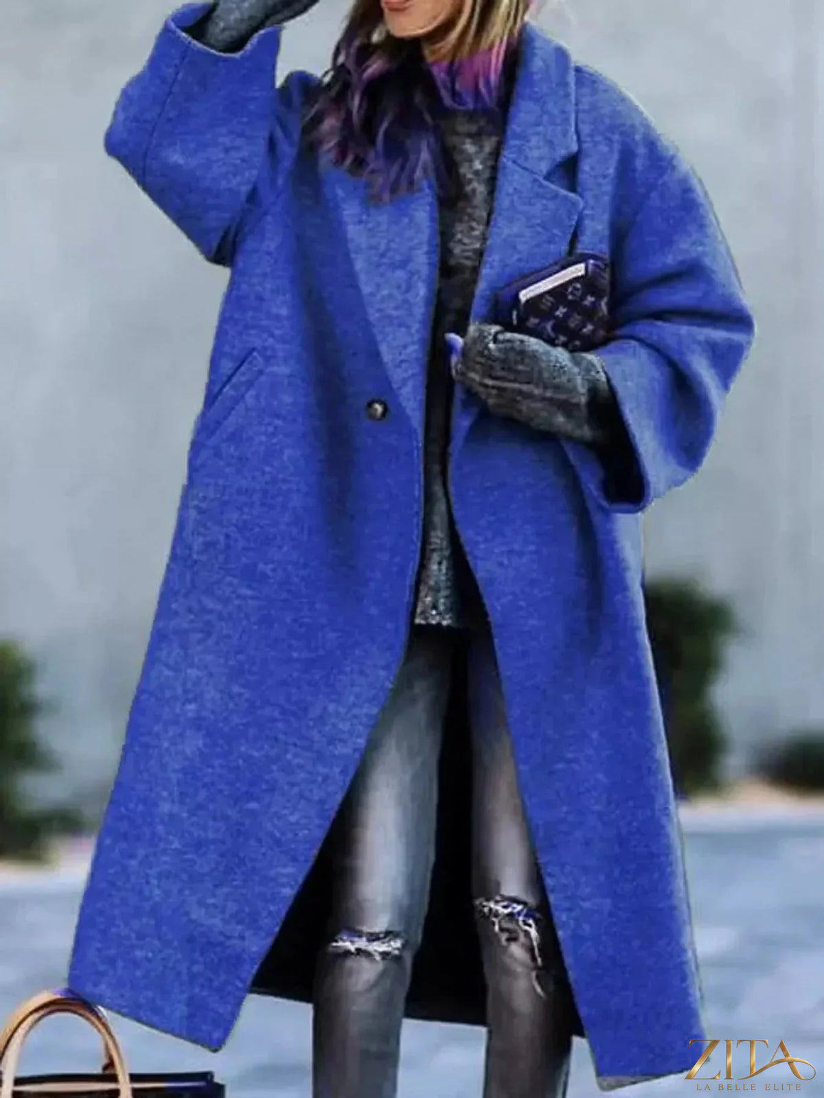 Plus size Zita La Belle Elite coat with lapel collar and single button closure, shown in full size.