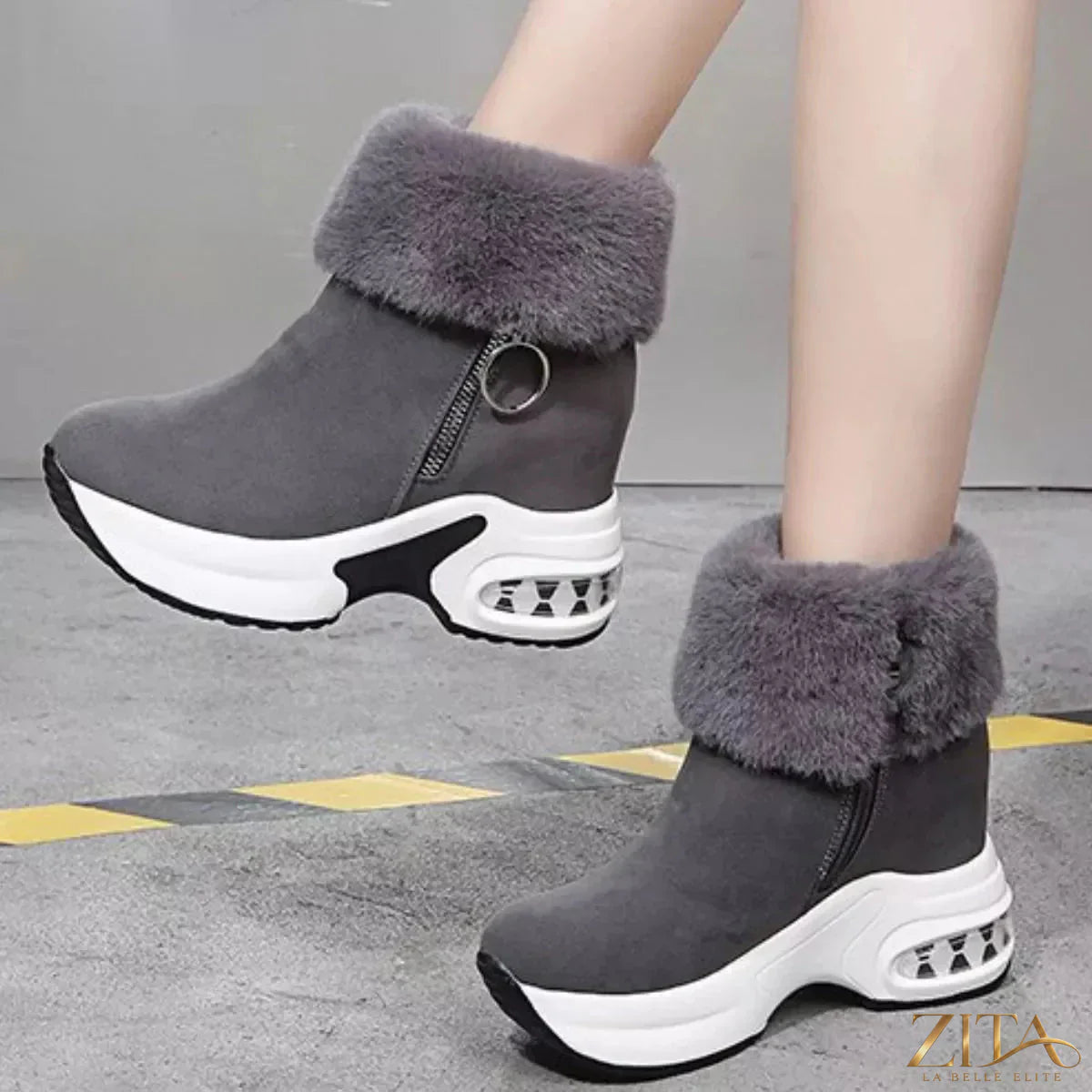 Zita La Belle Elite fuzzy side zipper platform ankle boots with chunky soles and comfortable fit.