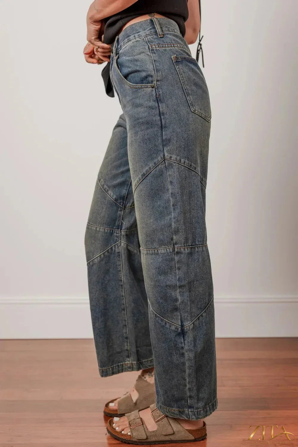 Zita La Belle Elite high waist jeans with exposed stitching, loose straight fit, and denim fabric.