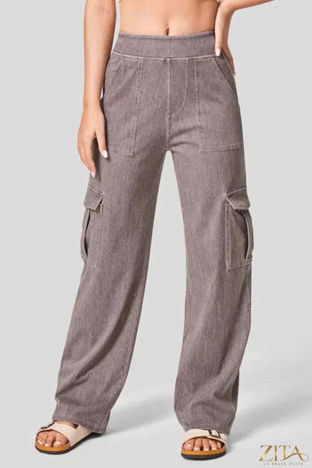 Zita La Belle Elite high waist straight leg cargo jeans displayed on a model with front pockets and a classic denim finish.