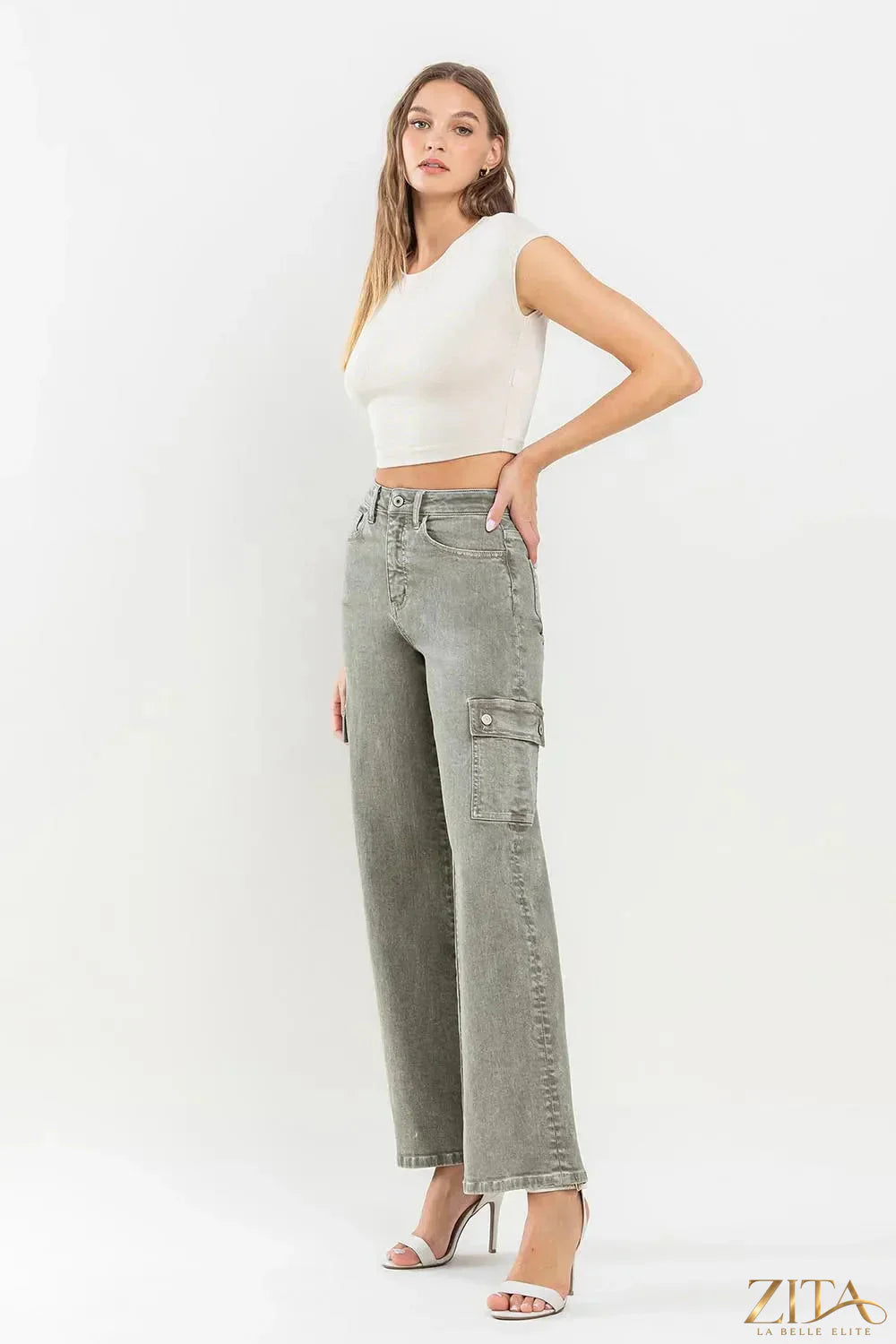 Vervet by Flying Monkey 90's super high-rise cargo jeans in dark wash with multiple pockets and relaxed fit.