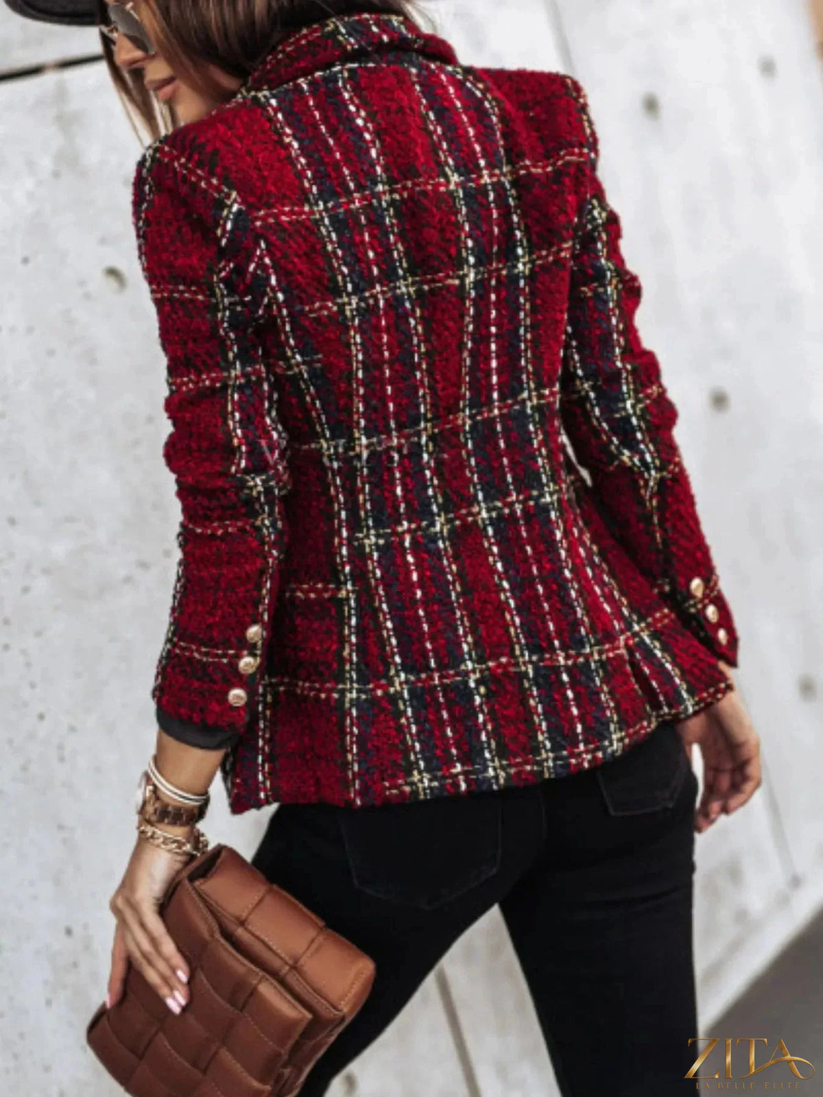 Plus size plaid tweed double-breasted blazer by Zita La Belle Elite, showcasing a full-size fitted blazer with classic checkered pattern.