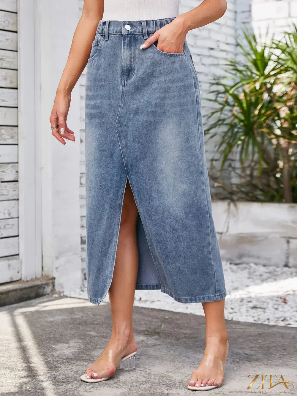 Zita La Belle Elite slit midi denim skirt with pockets, showcasing a casual chic look and stylish design.
