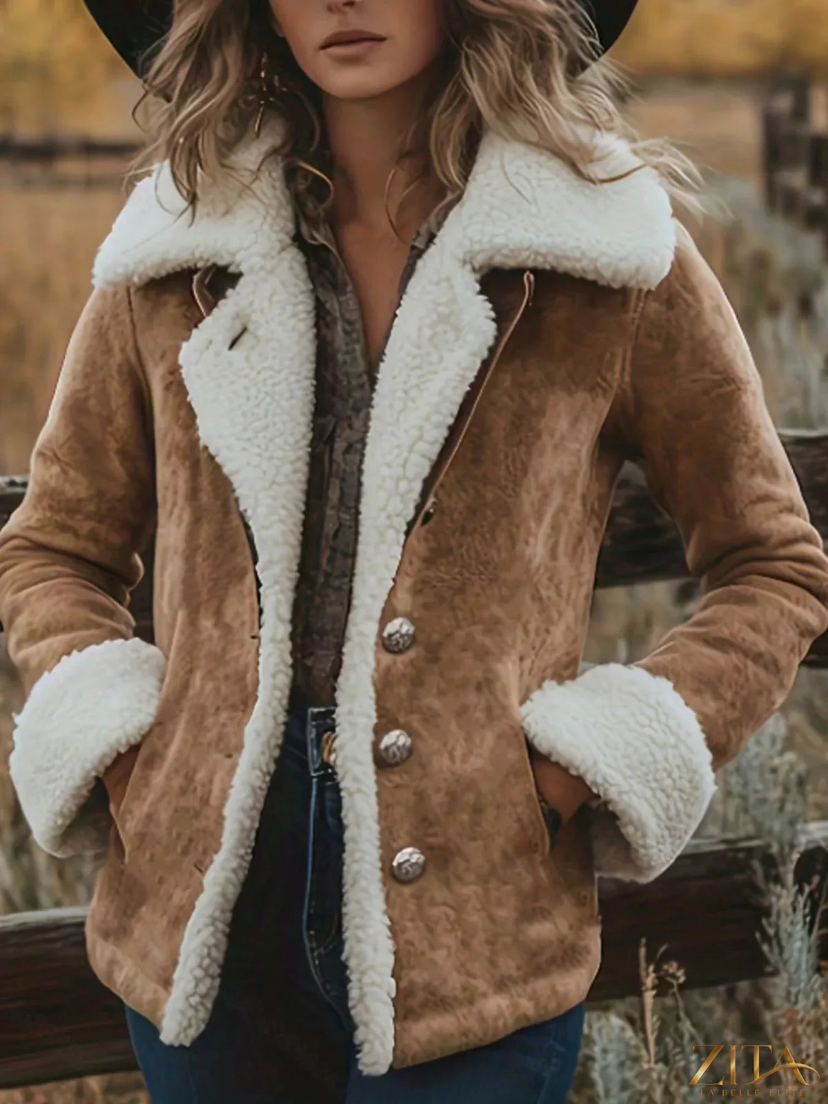 Zita La Belle Elite Sherpa-lined button-up jacket shown in a cozy, warm design with a classic collar and front buttons.