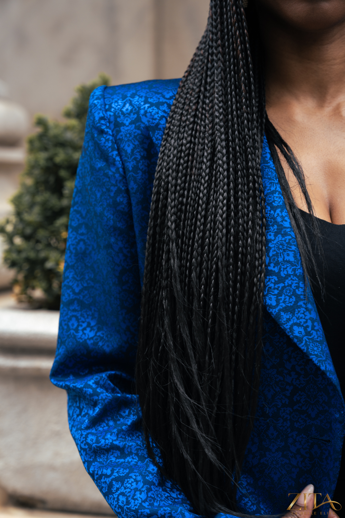 Zita La Belle Elite PREMIER Blue Blazer on a hanger, front view showing tailored fit and classic lapel design.