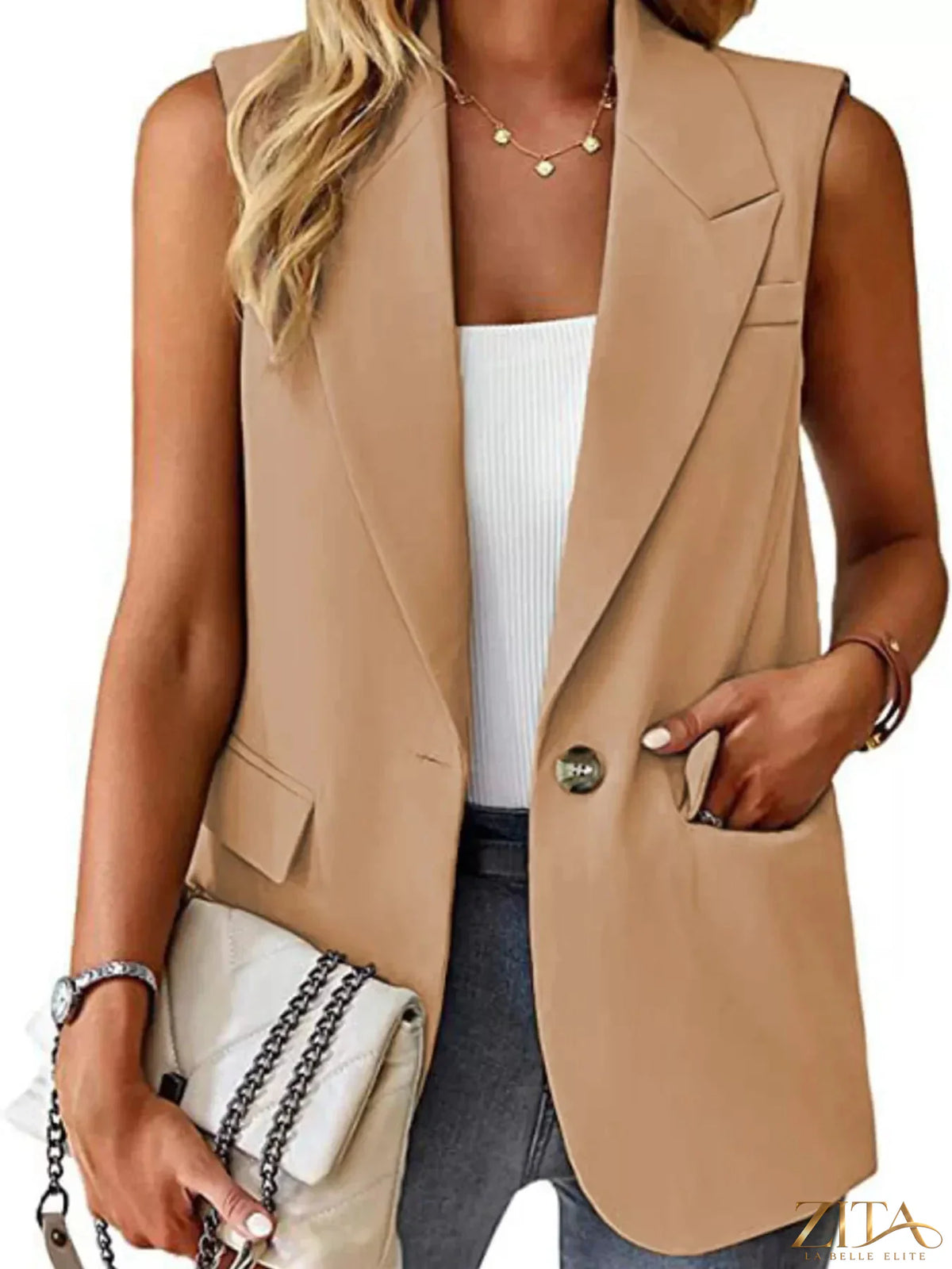 Plus size Zita La Belle Elite full size vest coat with a lapel collar and one-button front, shown in a front view.