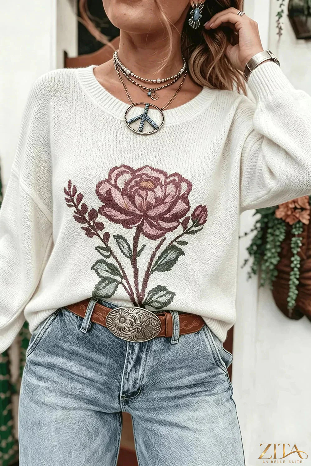 Zita La Belle Elite rose dropped shoulder sweater with long sleeves and relaxed fit, featuring a soft pink color and cozy knit texture.