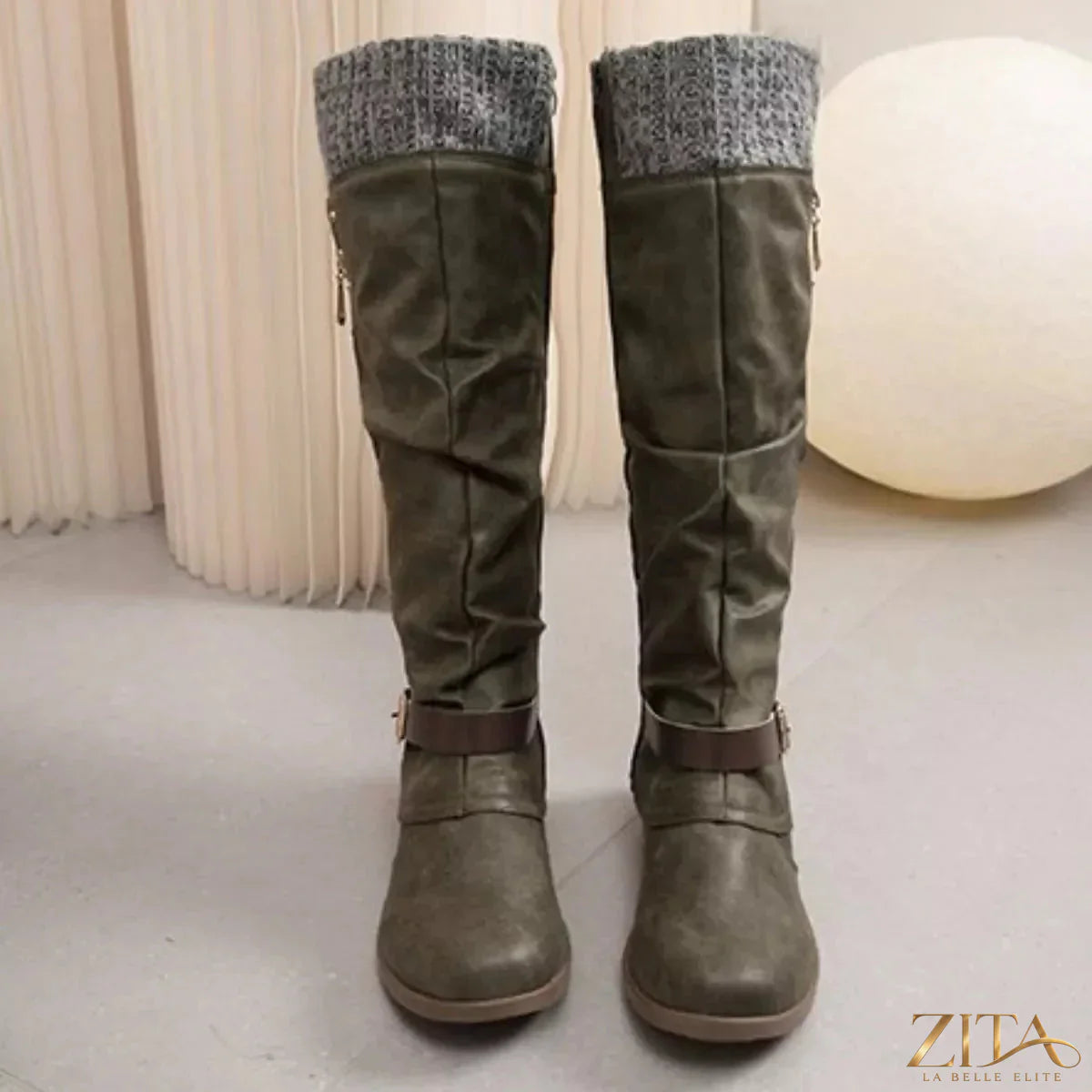 Zita La Belle Elite knee-high slouch boots with knit cuff, stylish footwear featuring a relaxed slouch design and cozy knit detail.