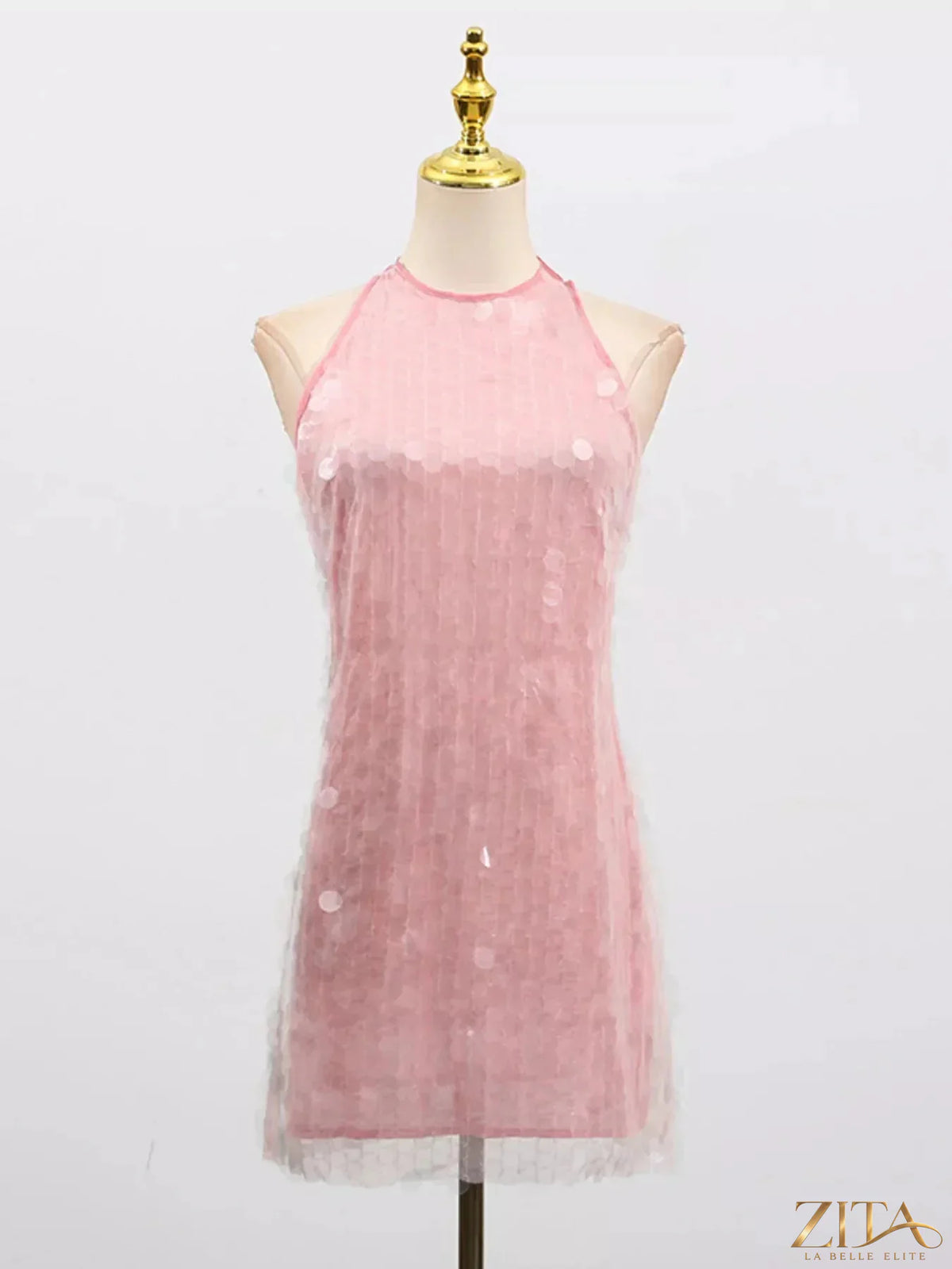 Zita La Belle Elite sequin halter neck mini dress with shimmering gold sequins and a stylish halter neckline, perfect for evening wear.